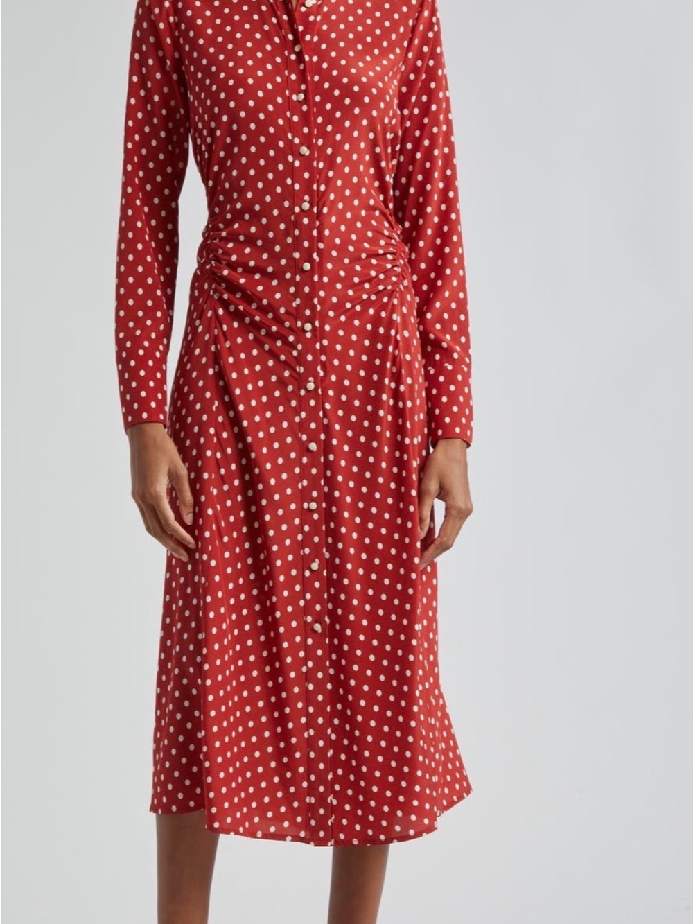 Veronica Beard Polka Dot Red Long-Sleeve Button Midi Dress